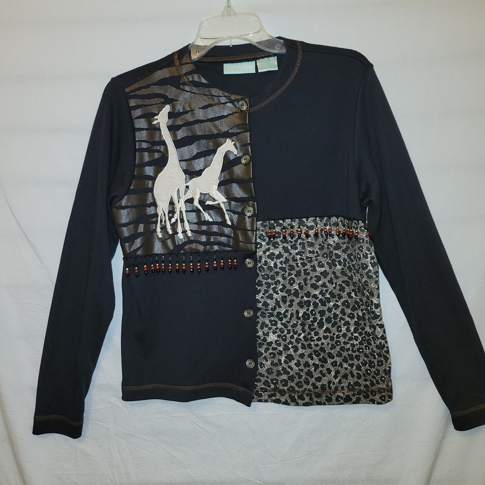 220 Hickory Womens Animal Print Beaded Cardigan Top Giraffe Leopard Zebra Size M